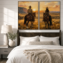 "Golden Horizon Companions" – Western Cowboy & Cowgirl Sunset Diptych Oil Painting