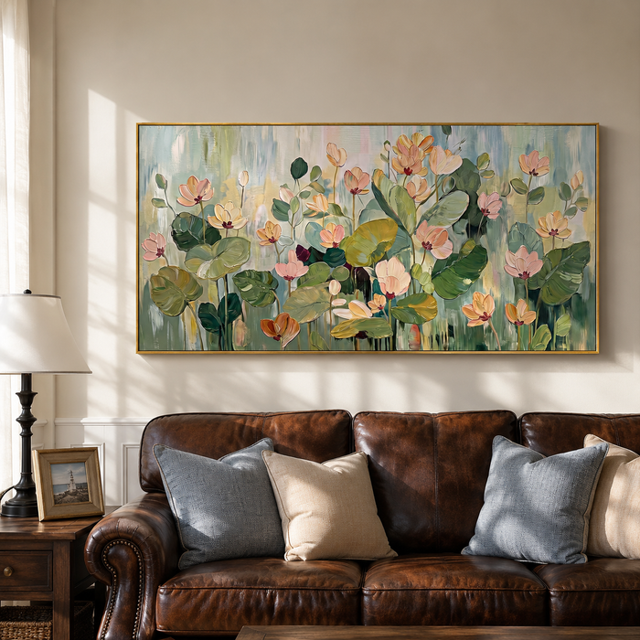 “Garden in the Morning Mist” – Soft Green Floral Panoramic Hand-Painted Canvas Art