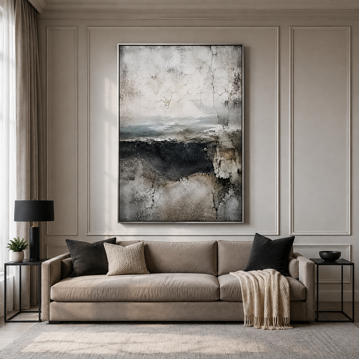 "Tectonic Reverie" – Wabi-Sabi Weathered Charcoal Grey Abstract Oil Painting