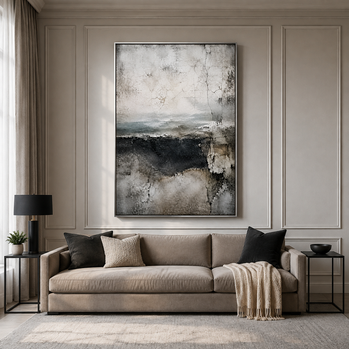 "Tectonic Reverie" – Wabi-Sabi Weathered Charcoal Grey Abstract Oil Painting