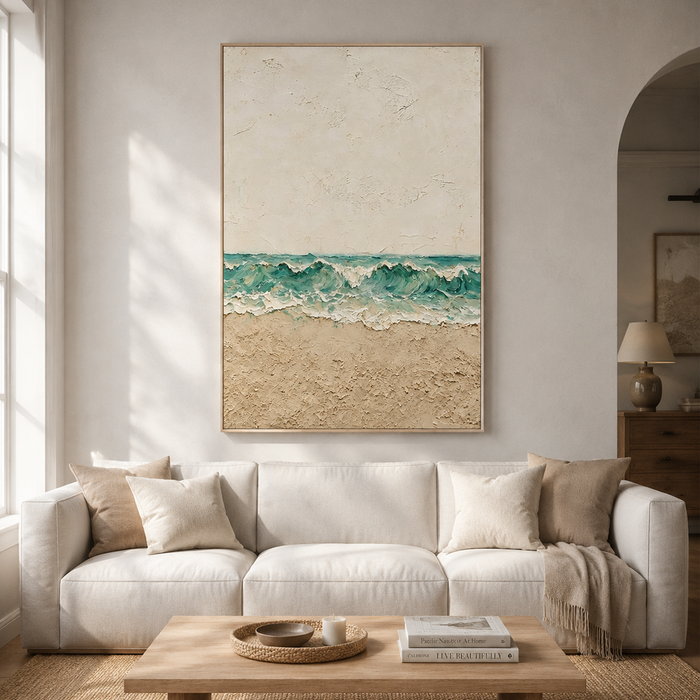 "Tidal Whisper" – Coastal Textured Ocean Wave Beige Impasto Oil Painting