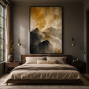 "Golden Summit Echoes" – Wabi-Sabi Warm Gold & Charcoal Abstract Mountain Oil Painting