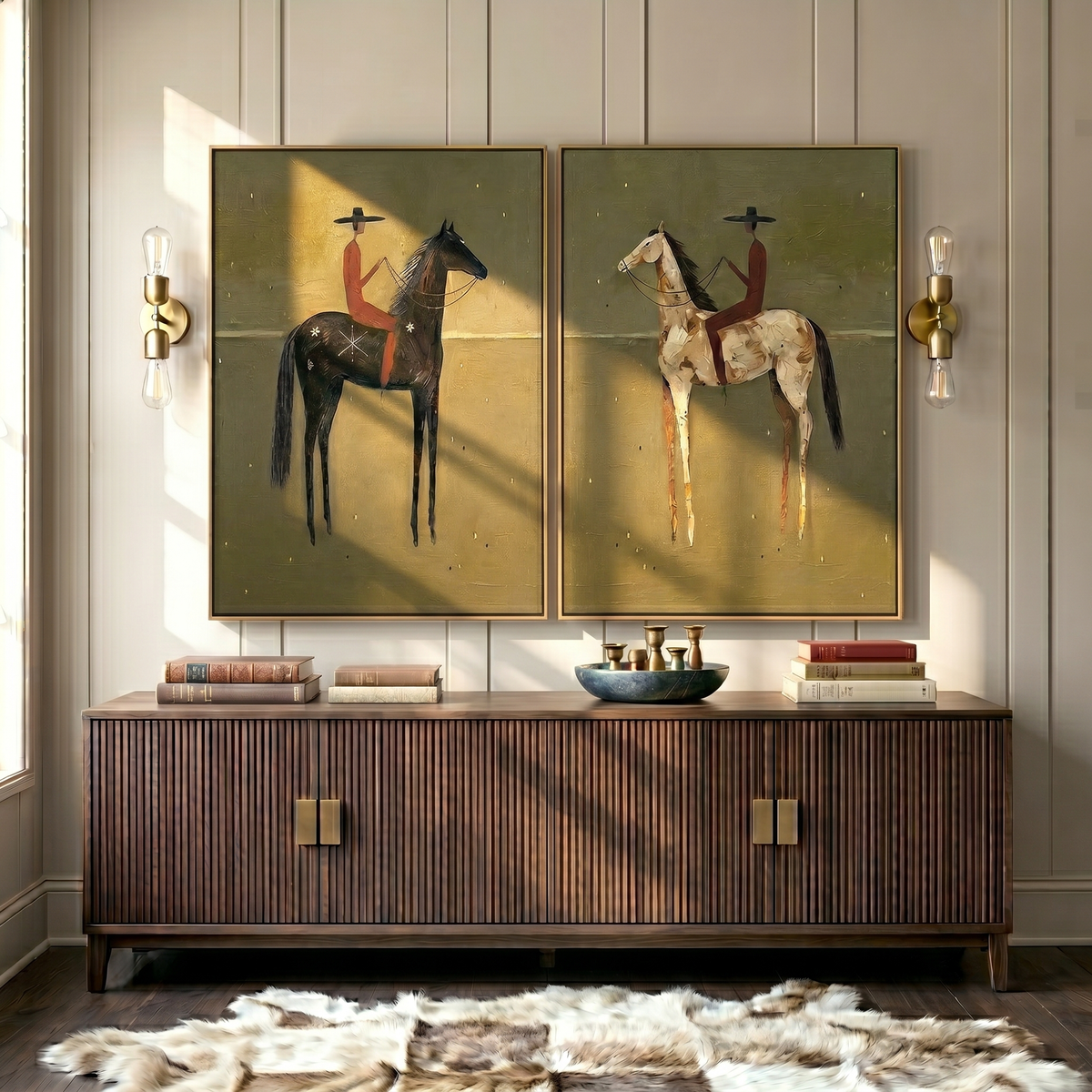 "Twilight Riders of the Frontier" – Western Desert Diptych Oil Painting Set
