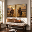 "Golden Horizon Companions" – Western Cowboy & Cowgirl Sunset Diptych Oil Painting