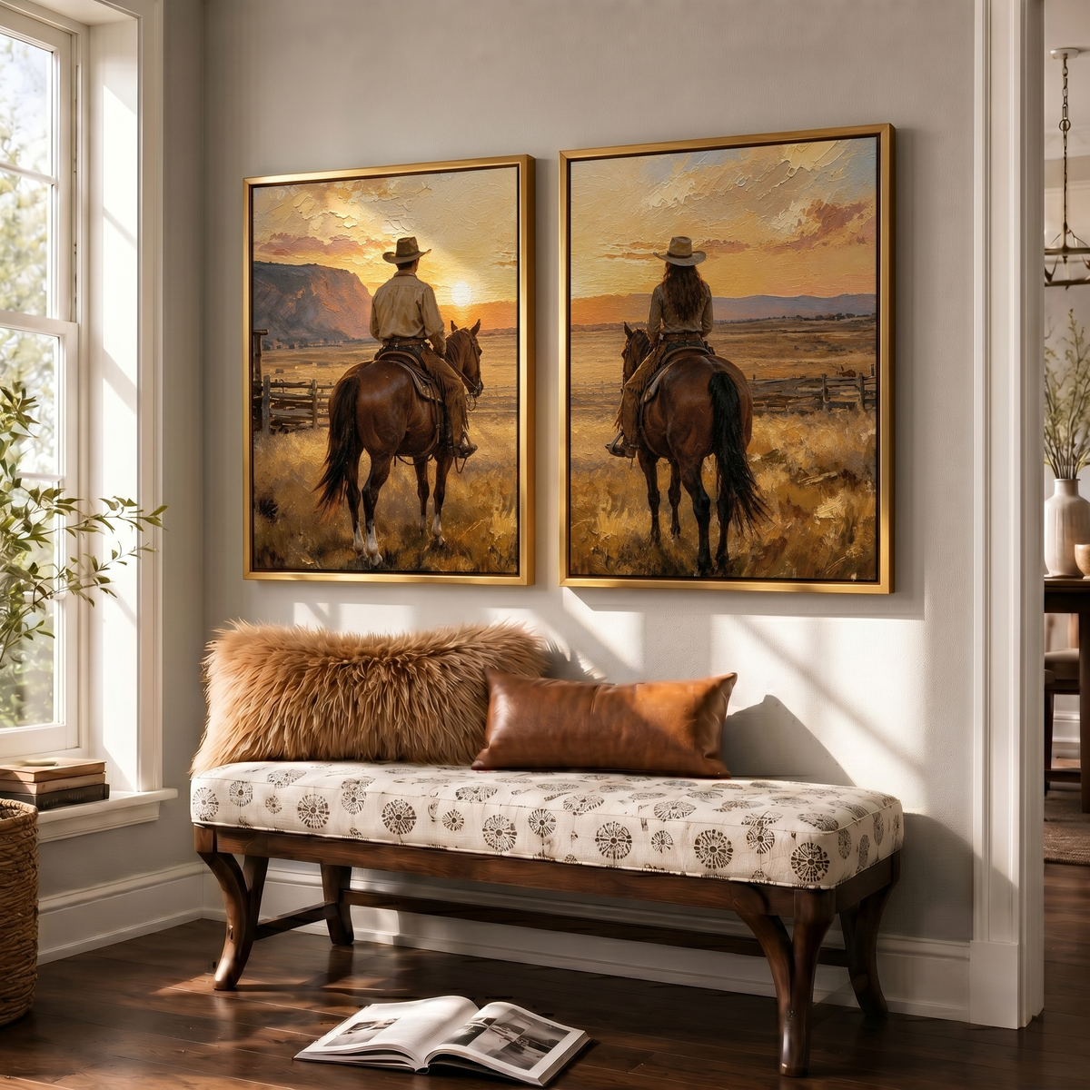 "Golden Horizon Companions" – Western Cowboy & Cowgirl Sunset Diptych Oil Painting