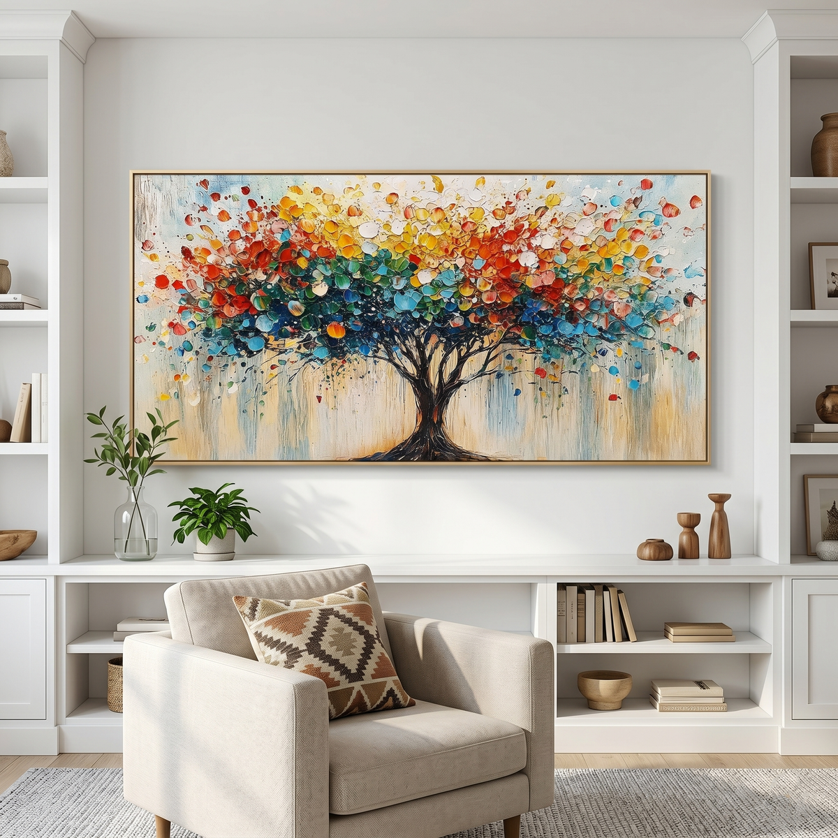 “Tree of Radiant Joy” – Colorful Abstract Tree Panoramic Hand-Painted Canvas Art