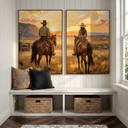 "Golden Horizon Companions" – Western Cowboy & Cowgirl Sunset Diptych Oil Painting