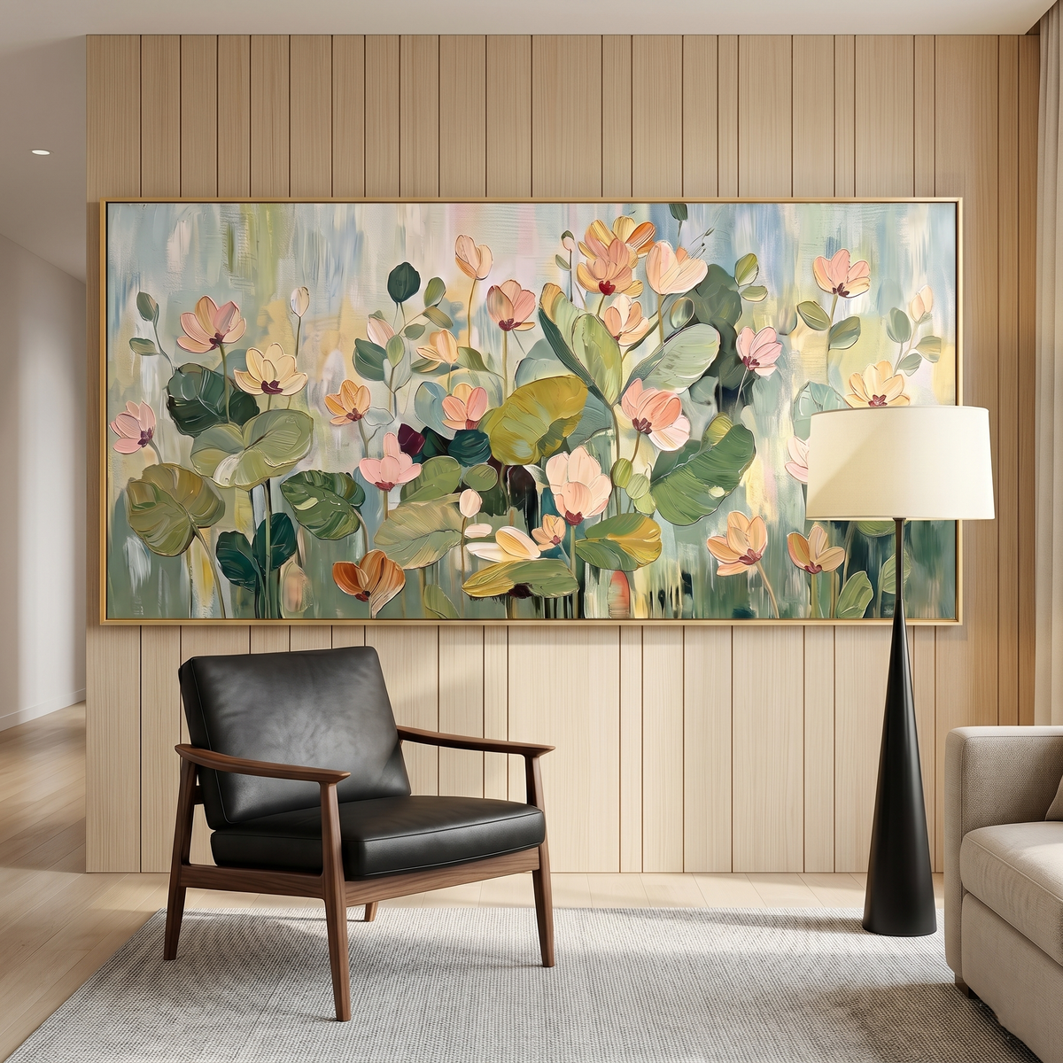 “Garden in the Morning Mist” – Soft Green Floral Panoramic Hand-Painted Canvas Art
