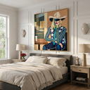 "Urban Cowgirl Muse" – Modern Western Woman Oil Painting in Navy and Teal