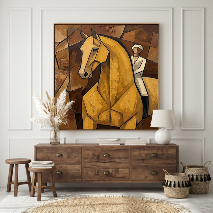"Golden Equestrian" – Cubist Horse Rider Oil Painting in Warm Brown Tones