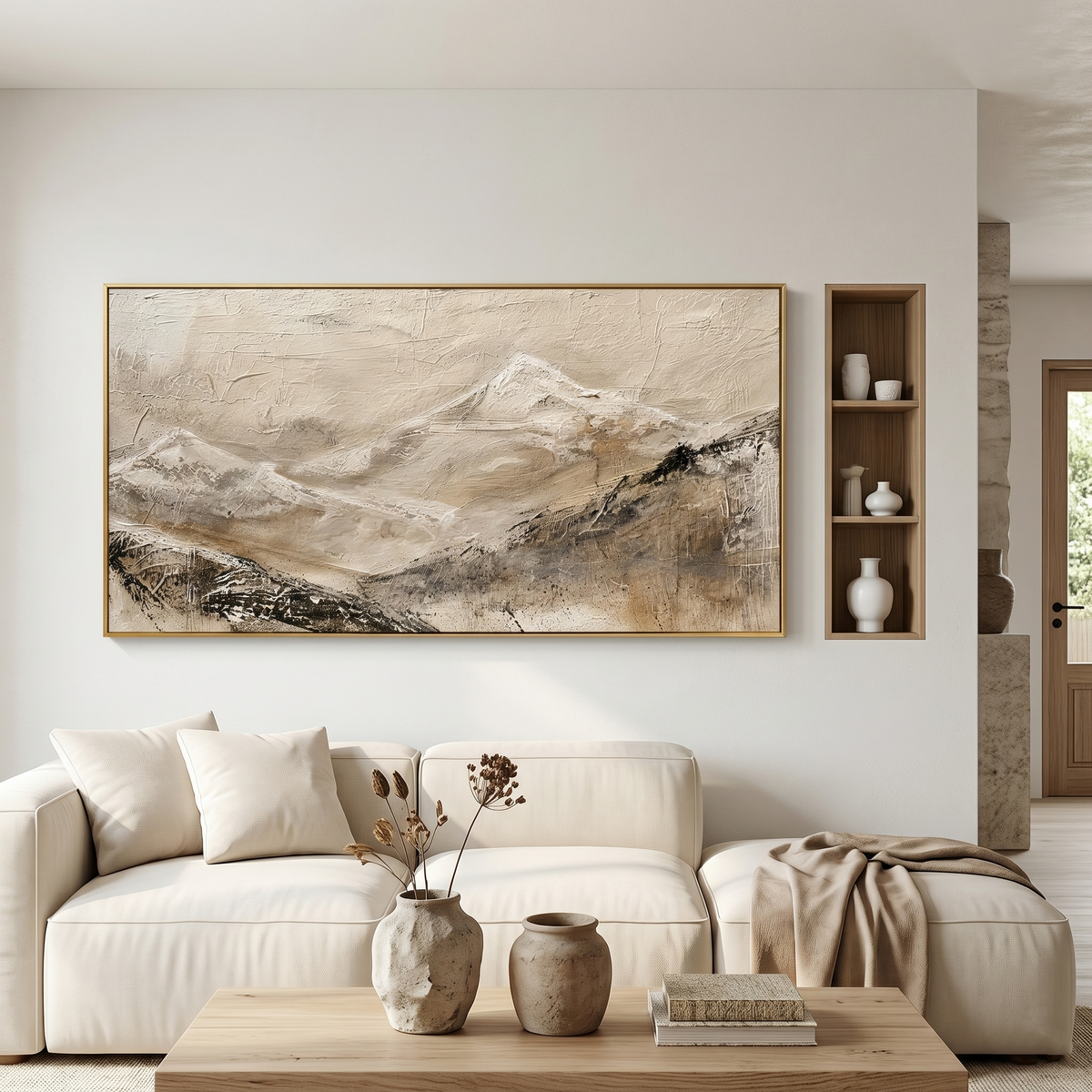 “Silent Mountain Trace” – Wabi-Sabi Beige Abstract Landscape Hand-Painted Canvas Art