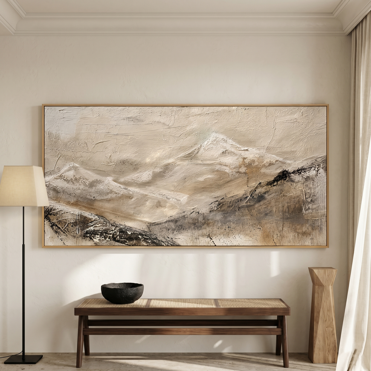 “Silent Mountain Trace” – Wabi-Sabi Beige Abstract Landscape Hand-Painted Canvas Art