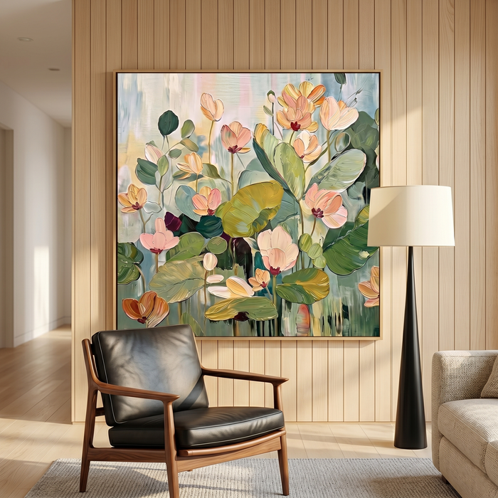 “Blooming Stillness” – Soft Green Lotus Floral Hand-Painted Canvas Art