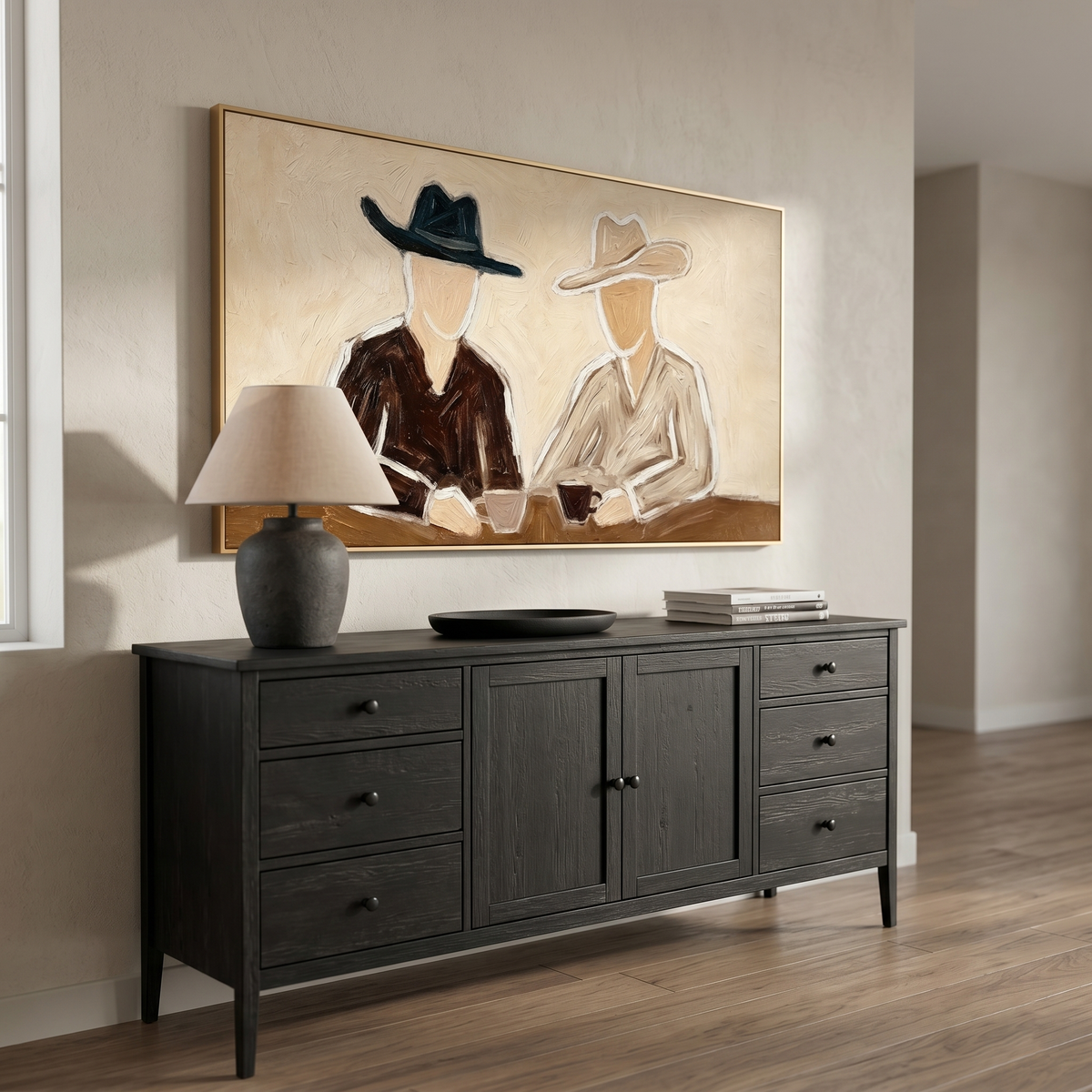 “Coffee at Sundown” – Minimal Western Cowboy Impasto Oil Painting
