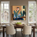 "Café Drifter" – Modern Western Man Oil Painting in Blue and Camel