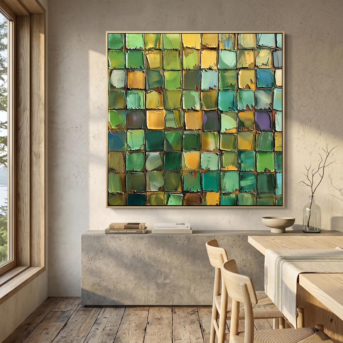 "Verdant Mosaic" – Green Gold Textured Abstract Painting