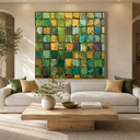 "Verdant Mosaic" – Green Gold Textured Abstract Painting