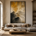 "Golden Summit Echoes" – Wabi-Sabi Warm Gold & Charcoal Abstract Mountain Oil Painting