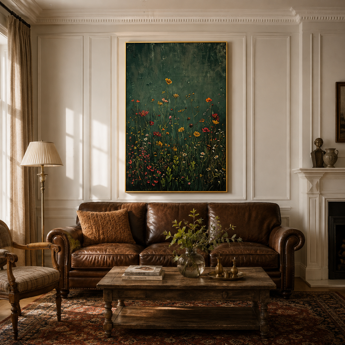 "Midnight Meadow" – Moody Dark Green Botanical Wildflower Oil Painting