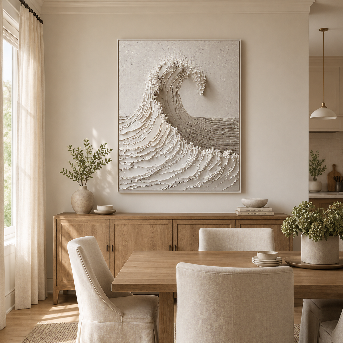 "White Tide Stillness" – Wabi Sabi Wave Textured Oil Painting