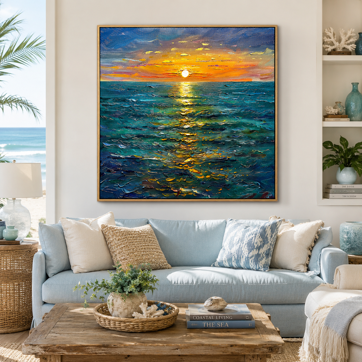 "Golden Horizon" – Ocean Sunset Textured Oil Painting