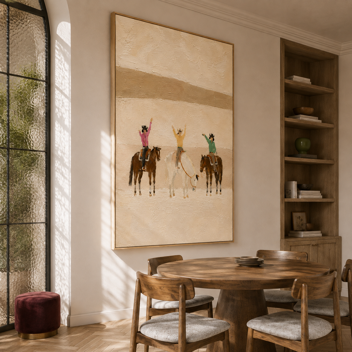 "Desert Adventure" – Modern Warm Neutral Impasto Cowgirls Trio Painting