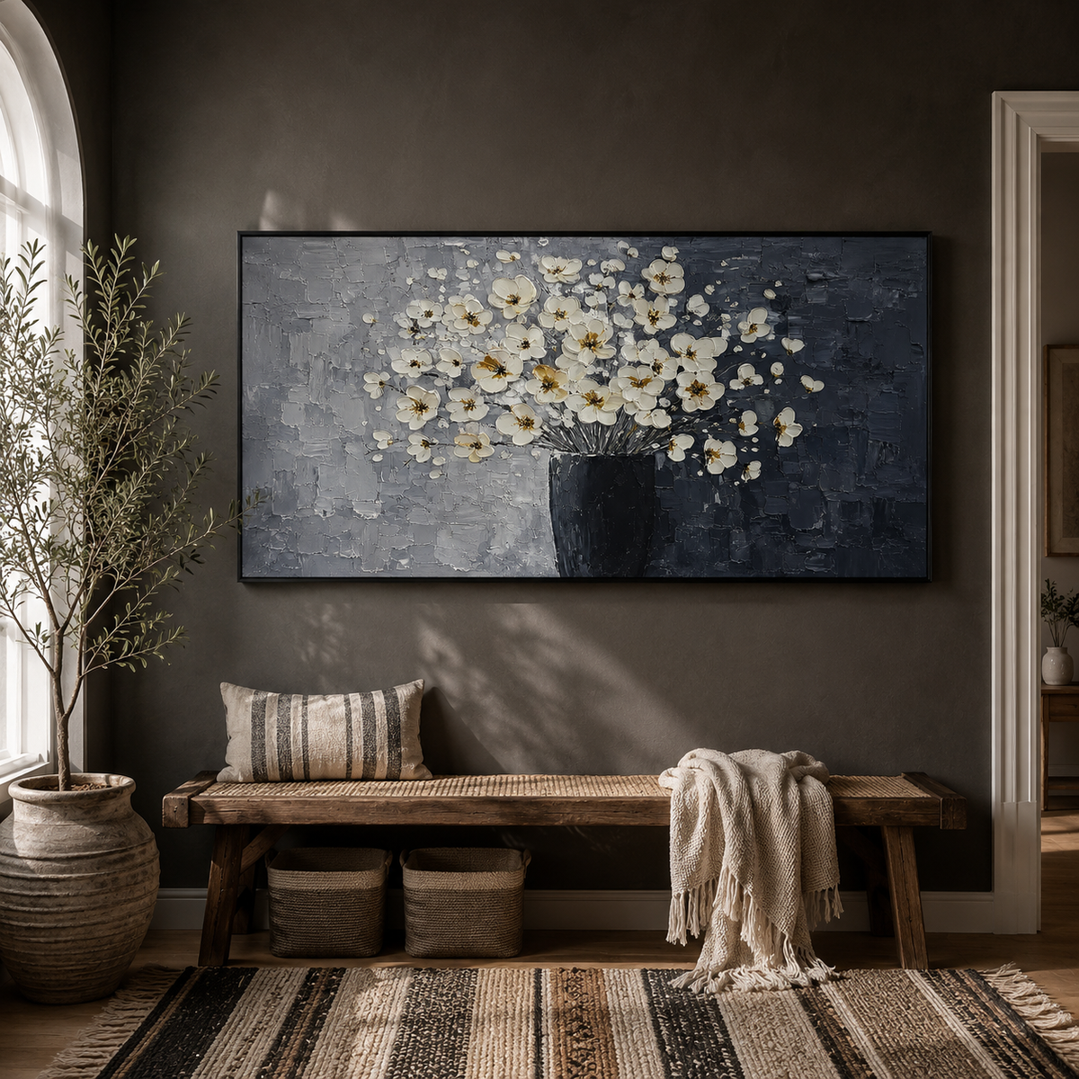 "Whispers of Petals" - Contemporary Gray and White Floral Impasto Oil Painting