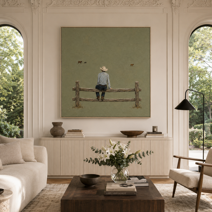 "The Quiet Hours" – Minimalist Sage Green Cowboy Impasto Painting