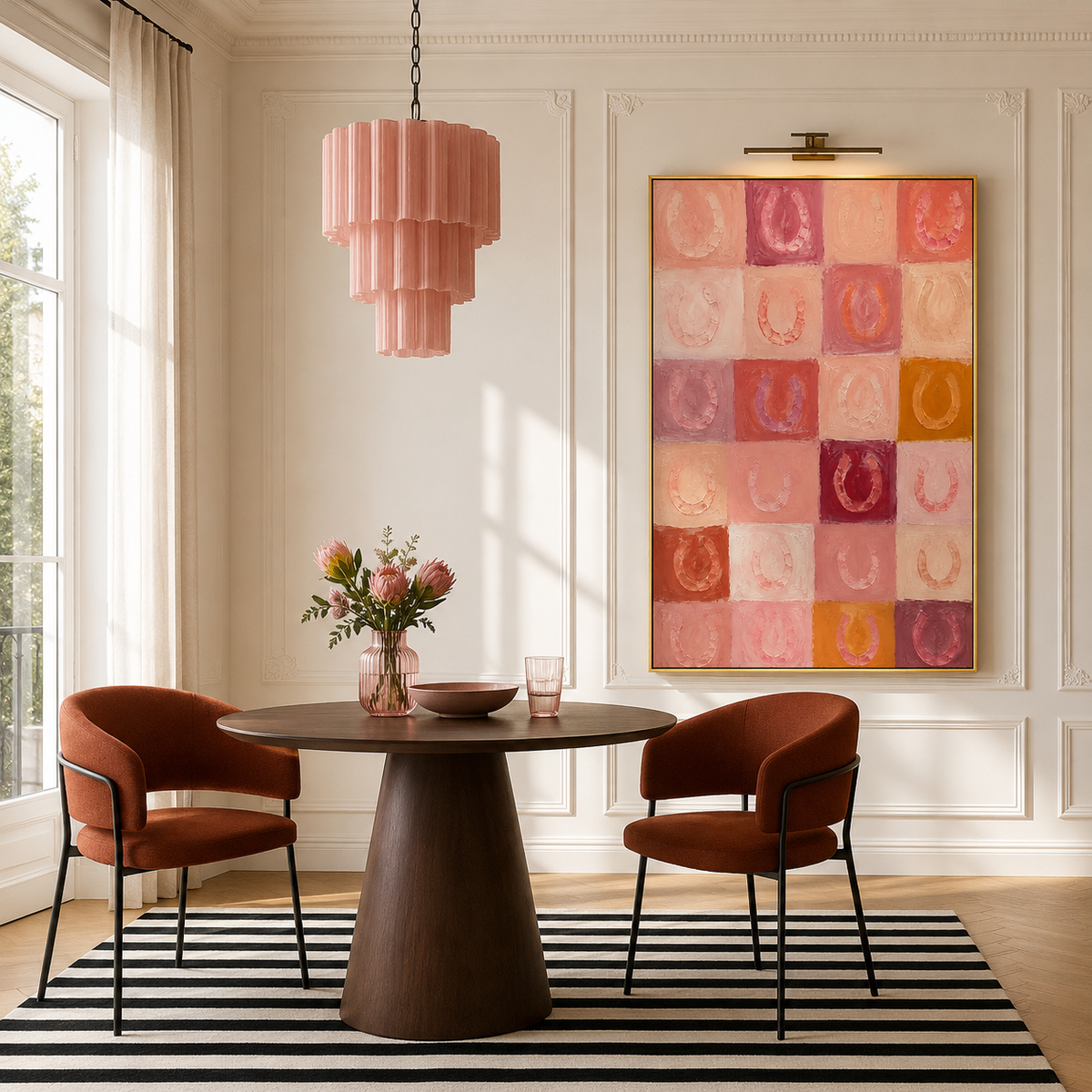 "Blush Fortune" – Modern Pink Grid Textured Horseshoe Abstract Impasto Painting