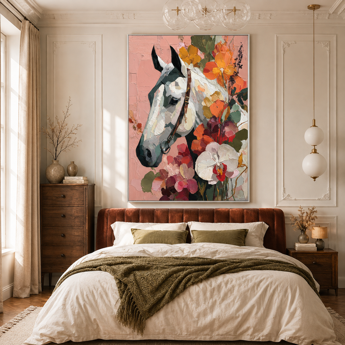 "Roseate Majesty" – Contemporary Floral Impasto White Horse Portrait