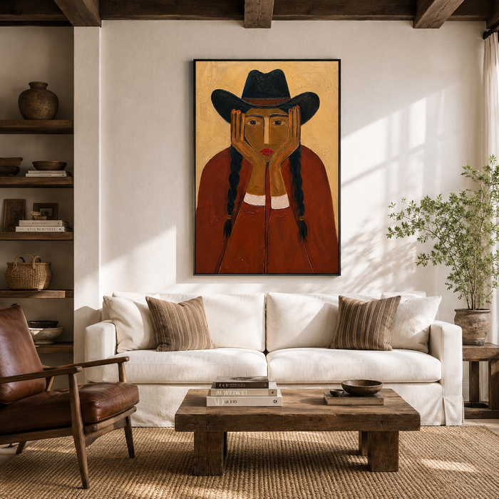 "The Prairie Reverie" – Textured Terracotta Modern Cowgirl Portrait Oil Painting