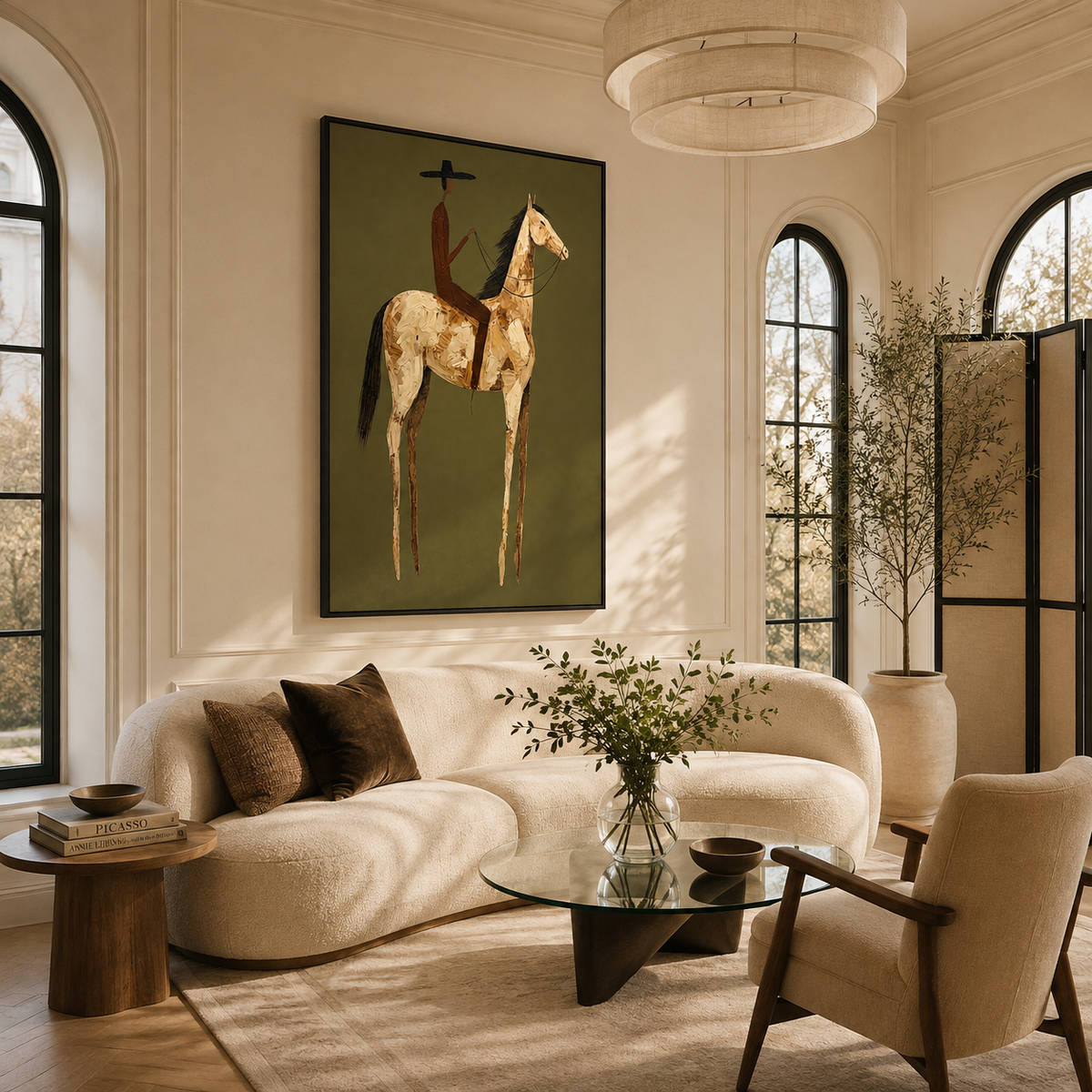"Desert Solitude" – Elongated Western Rider Textured Olive Canvas Art