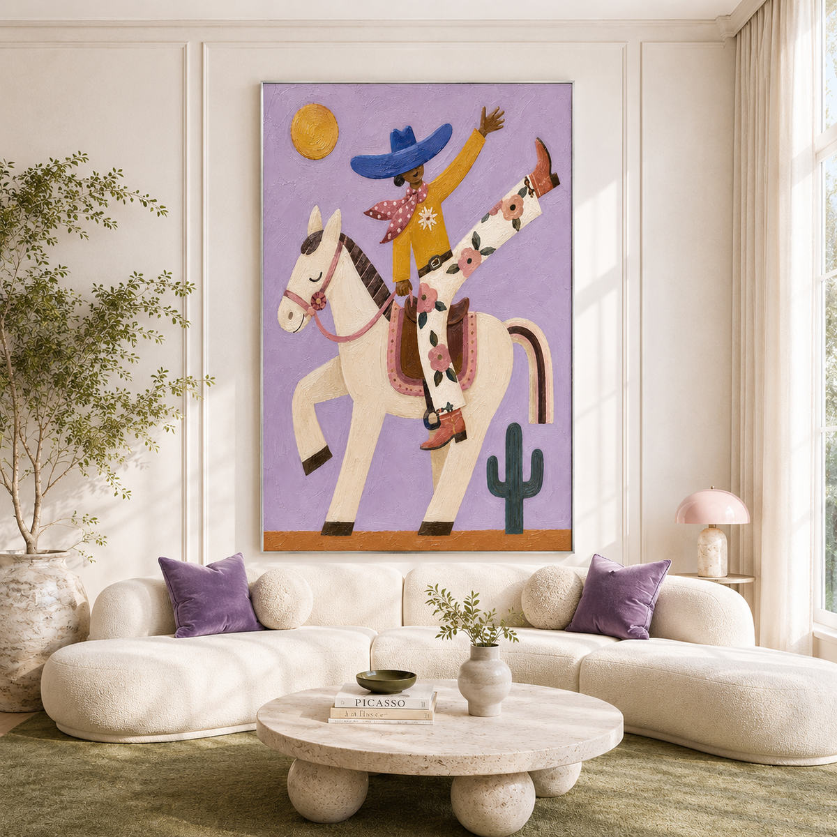 "Sunlit Acrobatic" – Whimsical Lavender Folk Art Cowgirl Impasto Painting