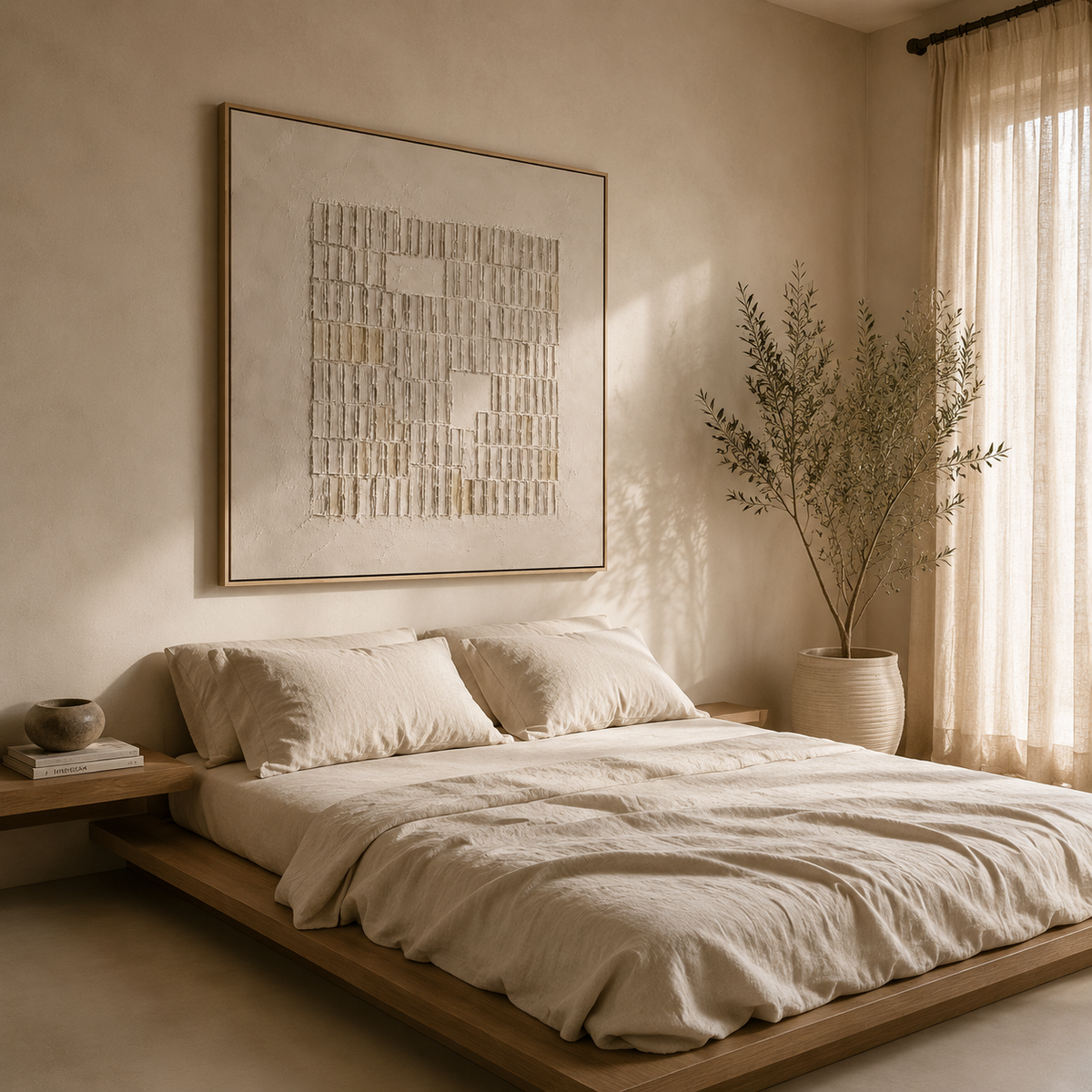 "Rectangular Negative Space"—A Wabi-Sabi Textured Acrylic Painting in Beige and Off-White
