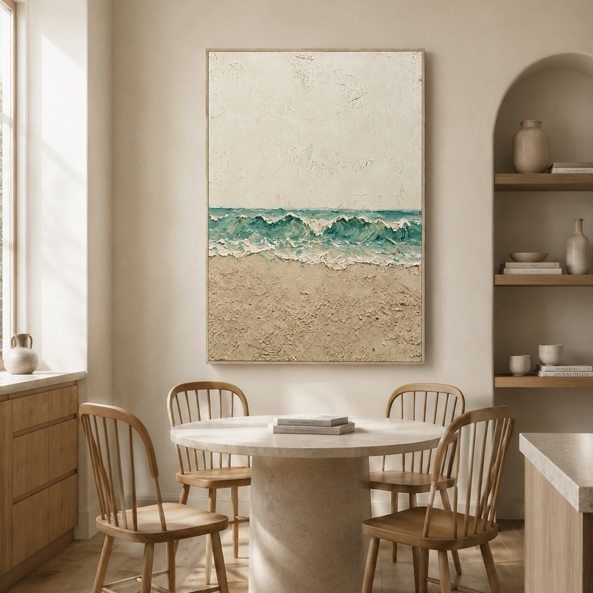 "Tidal Whisper" – Coastal Textured Ocean Wave Beige Impasto Oil Painting