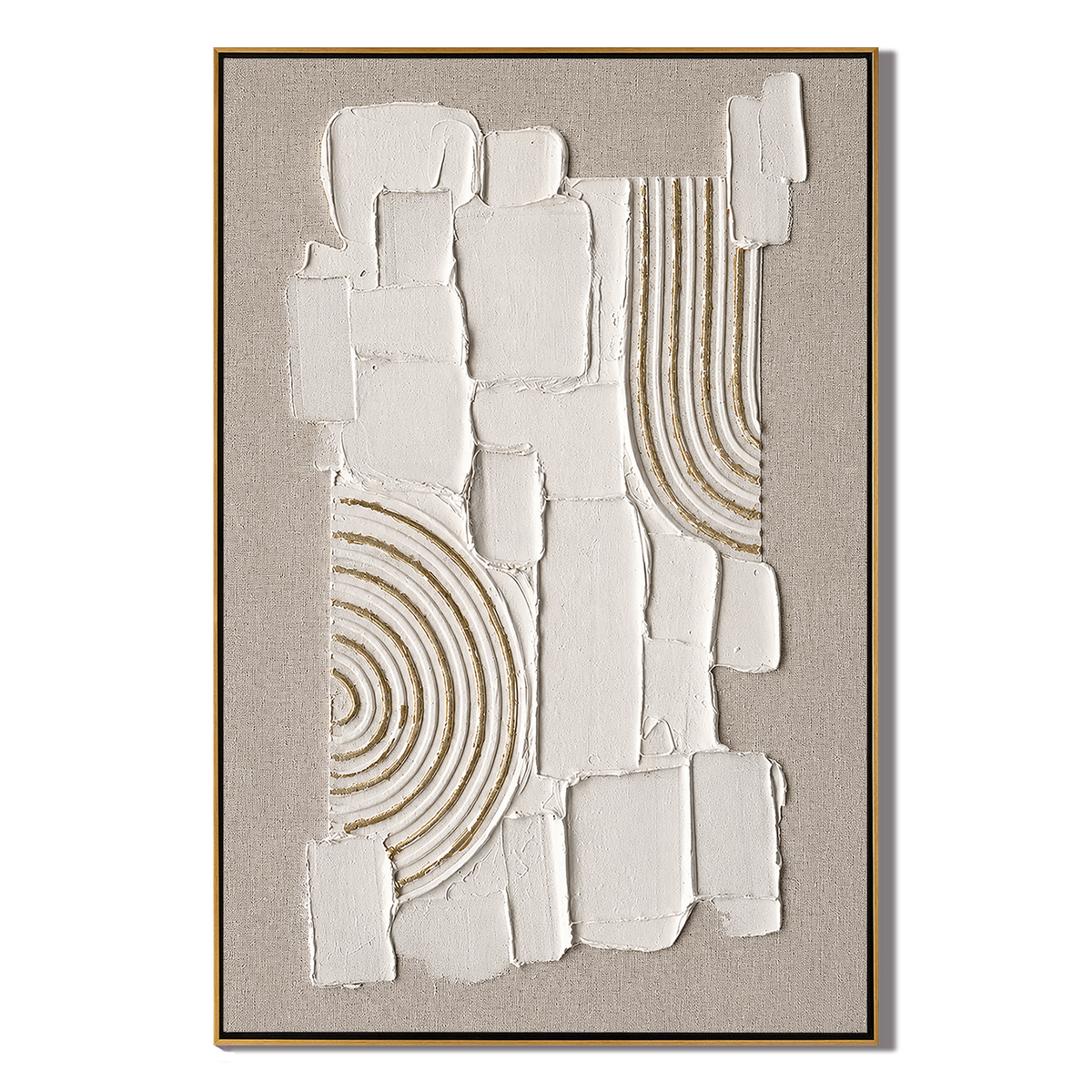 "Gilded Stillness" – Wabi Sabi White Geometric Textured Painting