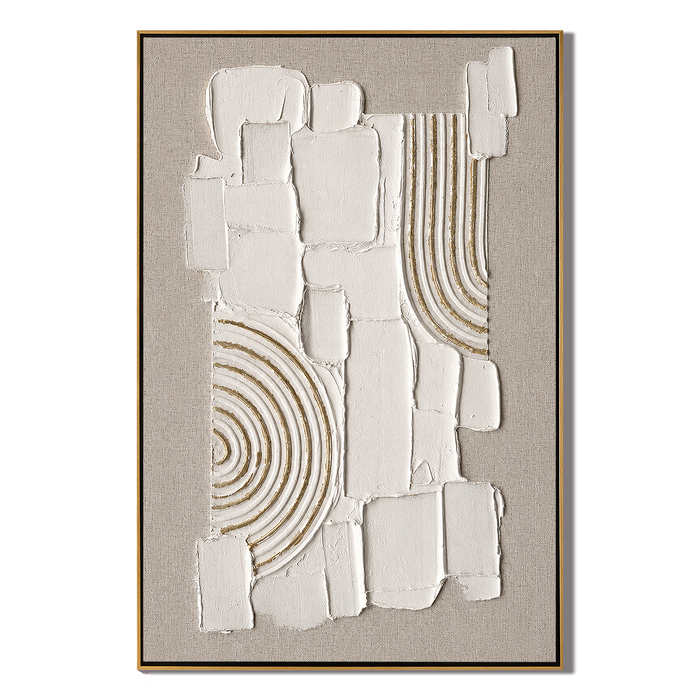 "Gilded Stillness" – Wabi Sabi White Geometric Textured Painting
