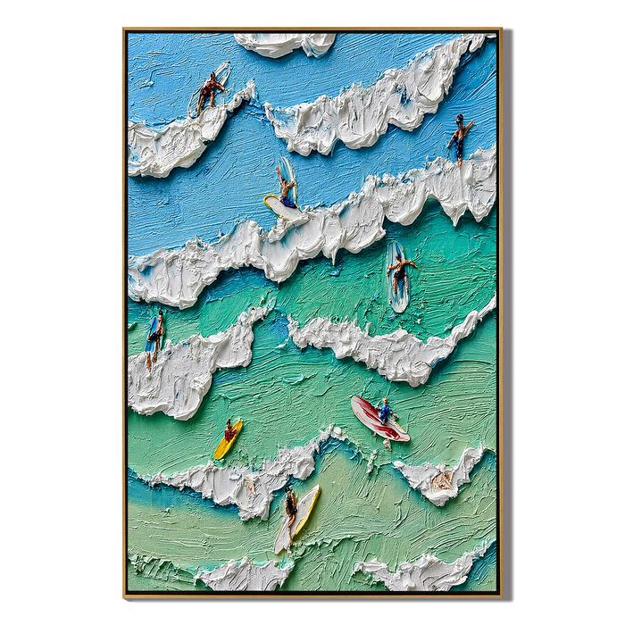 “Surfing the Summer Tide” – Coastal Surfer Impasto Oil Painting