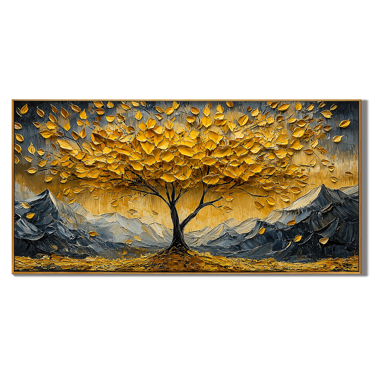 “Golden Abundance” – Textured Tree and Mountain Landscape Oil Painting