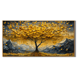 “Golden Abundance” – Textured Tree and Mountain Landscape Oil Painting