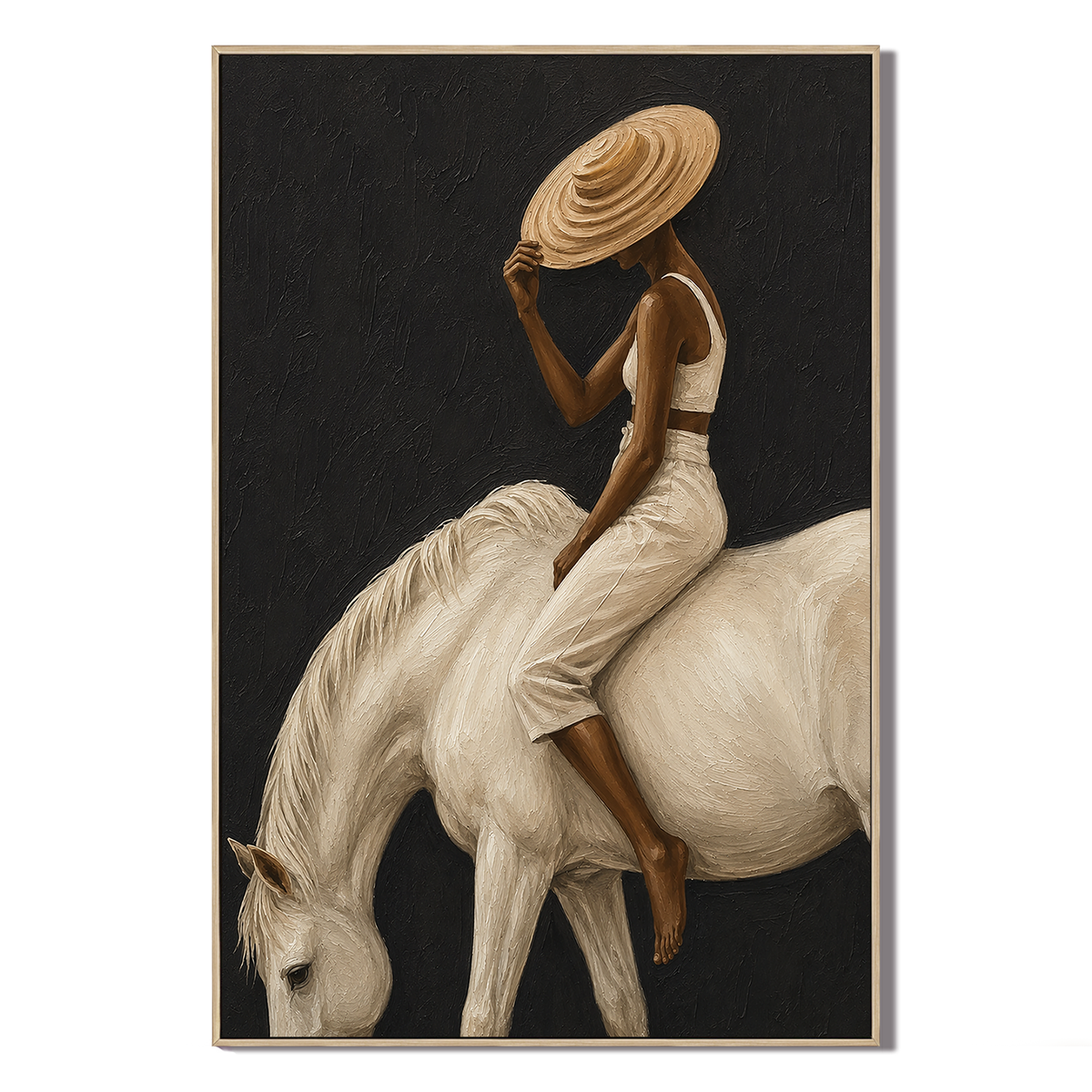 "Equine Reverie" – Minimalist Ivory & Charcoal Textured Equestrian Oil Painting