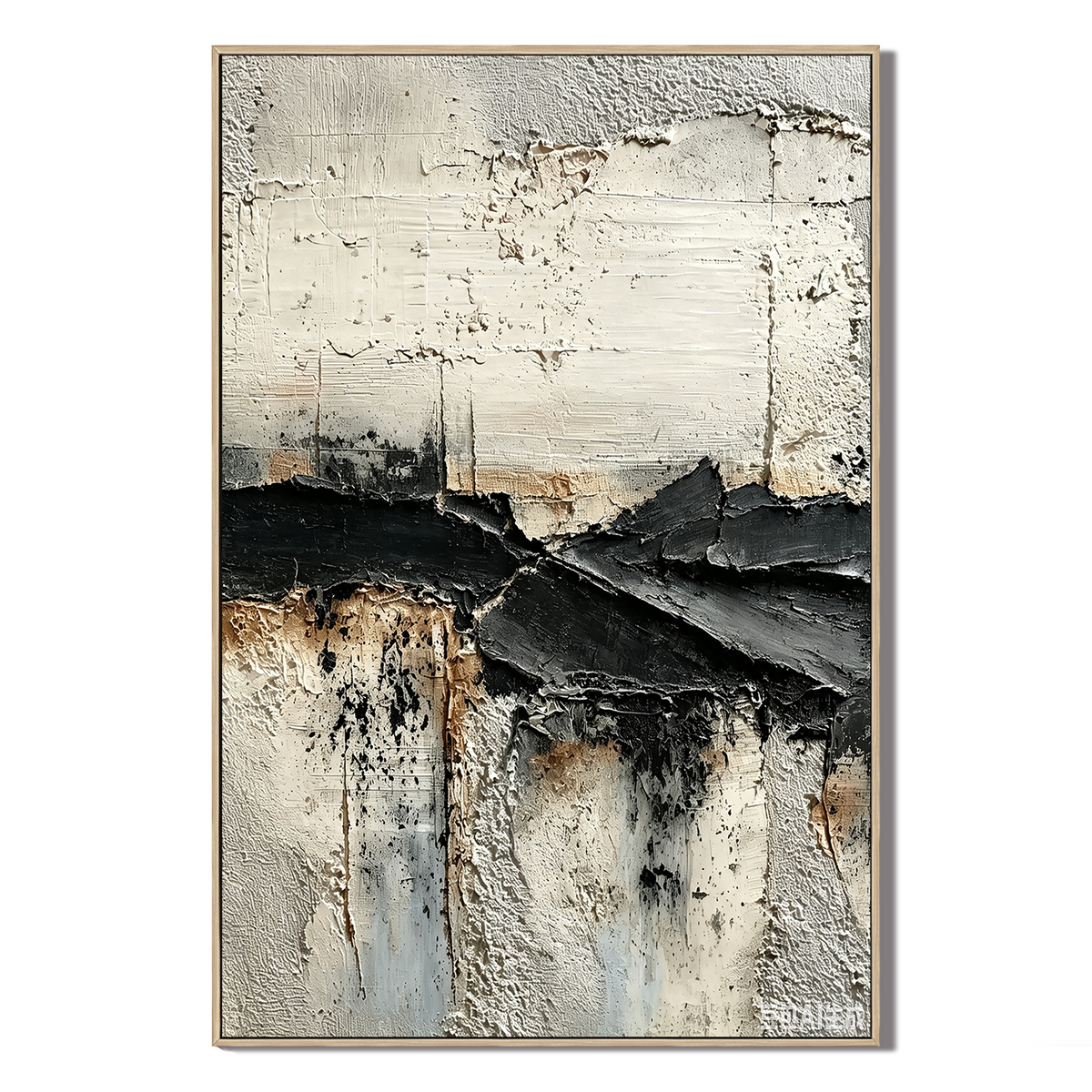 "Tectonic Rift" – Wabi-Sabi Textured Black and Cream Abstract Oil Painting