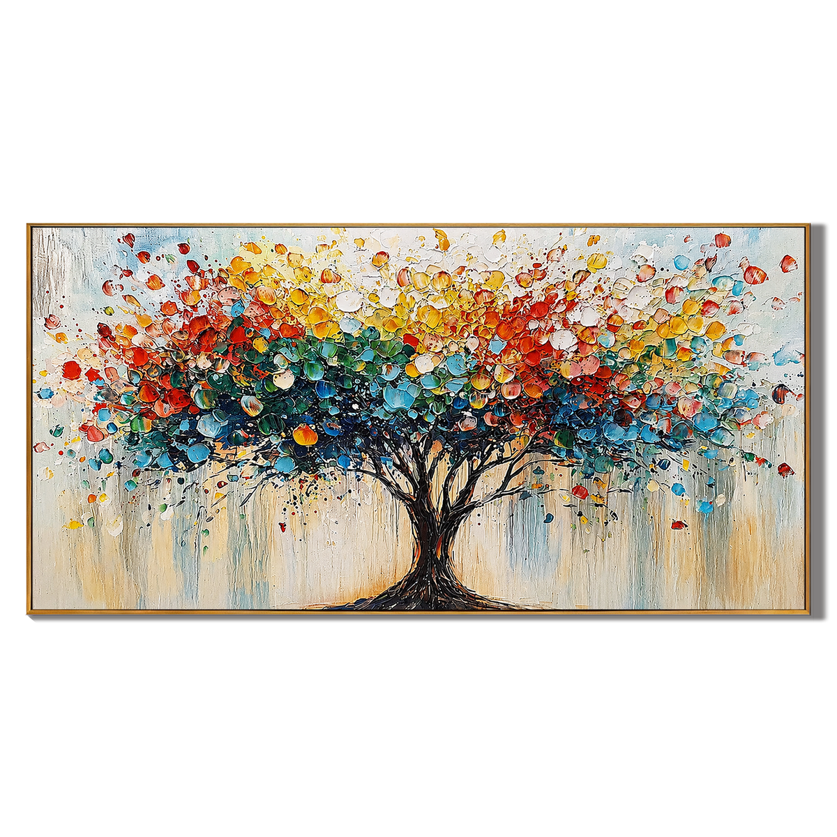“Tree of Radiant Joy” – Colorful Abstract Tree Panoramic Hand-Painted Canvas Art