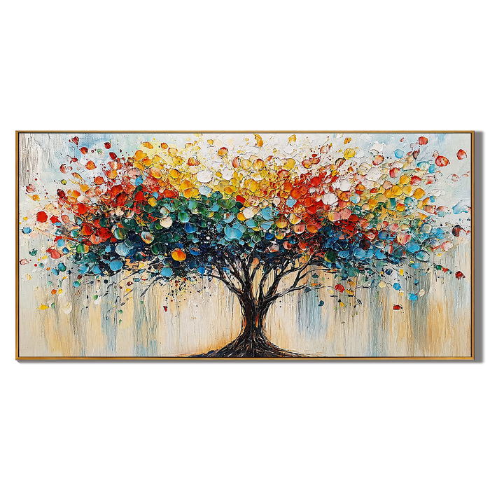 “Tree of Radiant Joy” – Colorful Abstract Tree Panoramic Hand-Painted Canvas Art