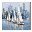 "Sailing the Skyline" – Modern Impressionist Blue and Gold Sailboat Palette Knife Painting