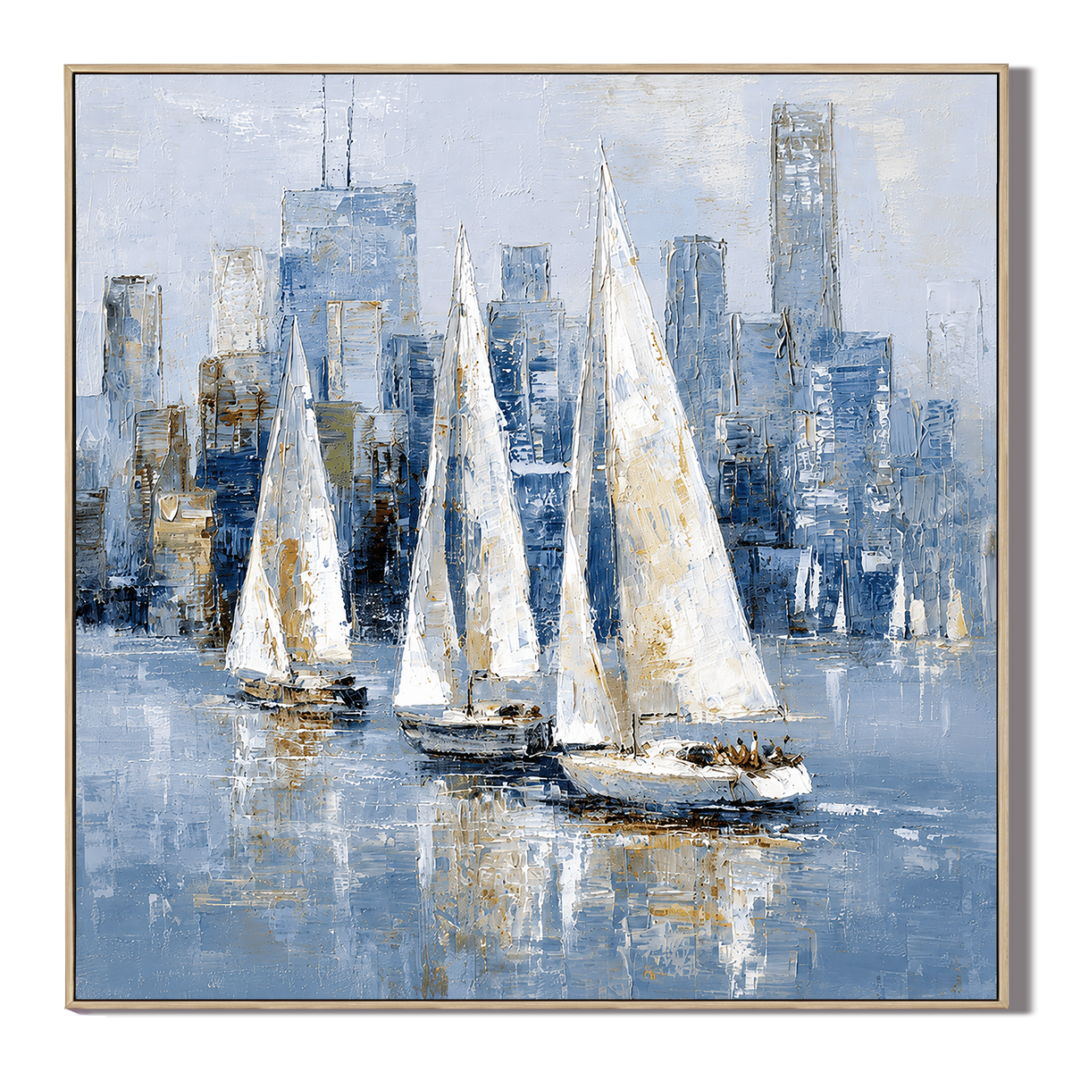 "Sailing the Skyline" – Modern Impressionist Blue and Gold Sailboat Palette Knife Painting