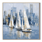 "Sailing the Skyline" – Modern Impressionist Blue and Gold Sailboat Palette Knife Painting