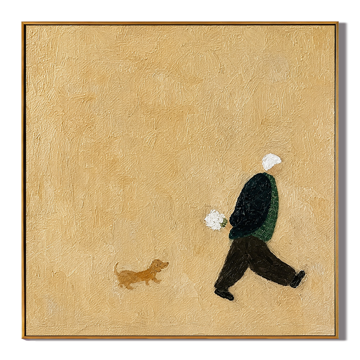"Afternoon Walk" – Minimalist Figure and Dog Textured Painting