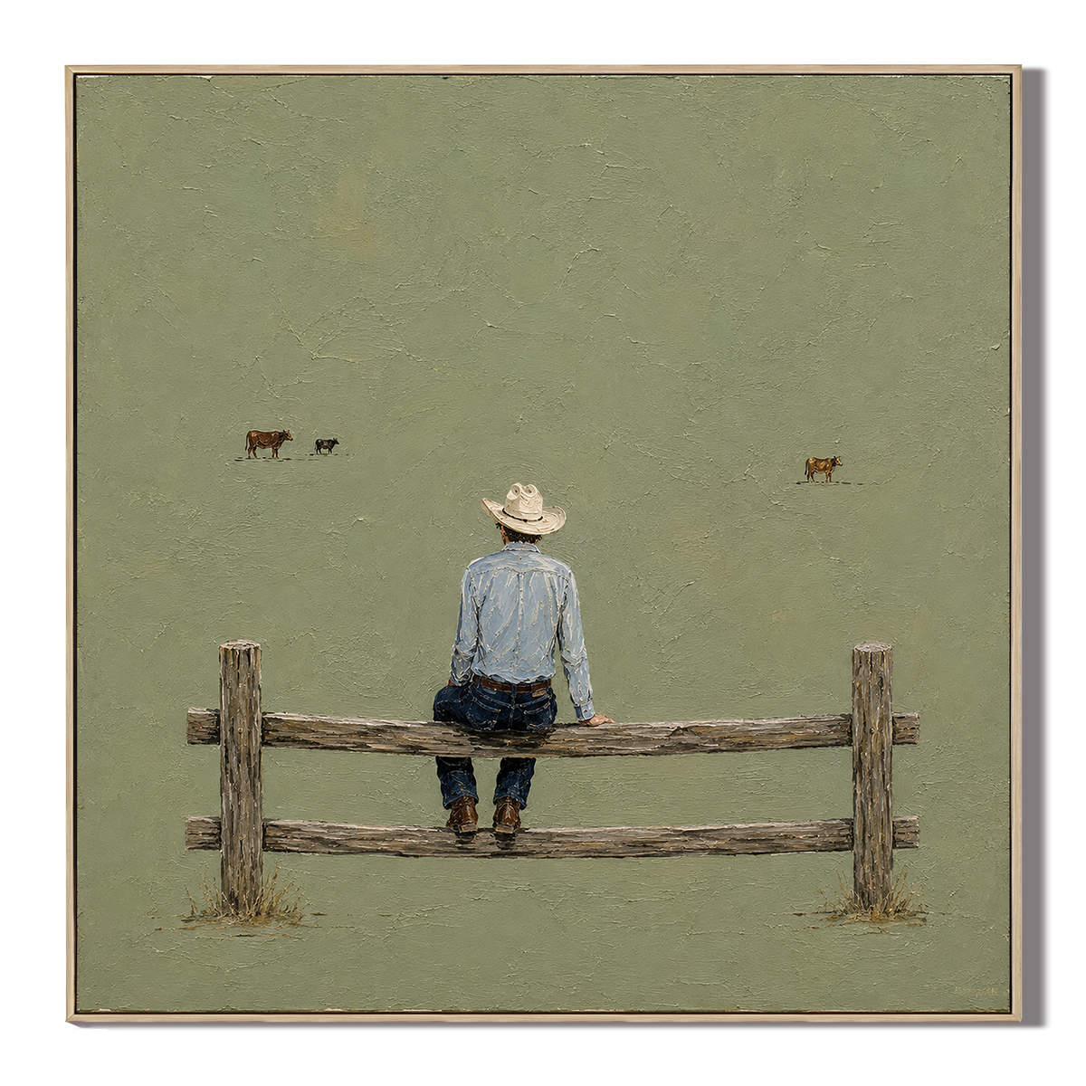 "The Quiet Hours" – Minimalist Sage Green Cowboy Impasto Painting