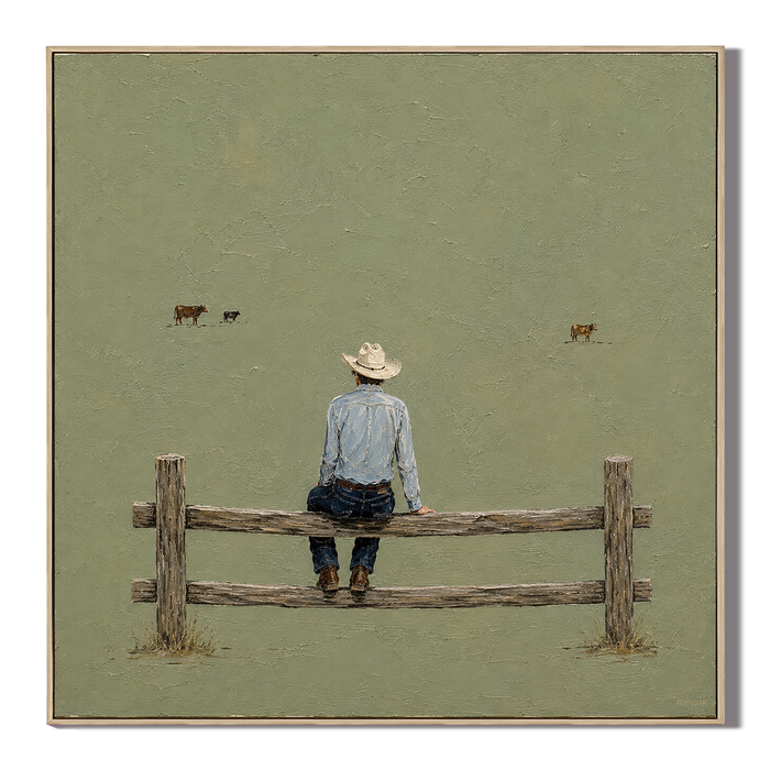 "The Quiet Hours" – Minimalist Sage Green Cowboy Impasto Painting